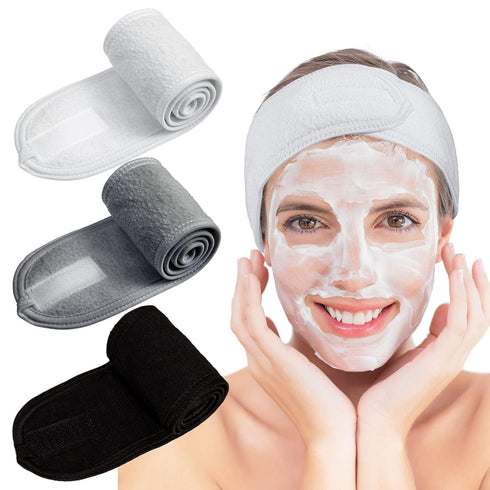 Whaline Spa Facial Headband, Terry Cloth Adjustable Towel for Face Washing, Shower, 3 Pieces (White, Black, Gray)