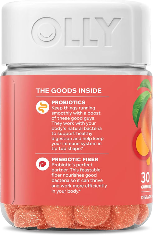 Gummy, 500 30 30 Count OLLY Probiotic + Prebiotic Million CFUs, FOS, Adult Chewable Supplement for Men and Women, Peach