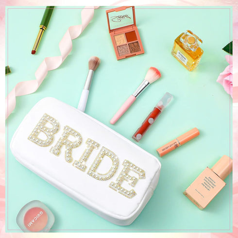 Nylon Bride Makeup Bag, Large Cosmetic Travel Toiletry Bag with Pearl Rhinestone Letter Patch for Women