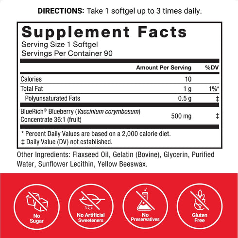 FORCE FACTOR Blueberry Concentrate Antioxidants Supplement with BlueRich Extract - 90 Gluten Free Softgels
