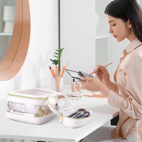 Transparent Waterproof Cosmetic Organizer, Clear Makeup Bag with Brush Bag, Travel Toiletry Bag with Zipper for Women