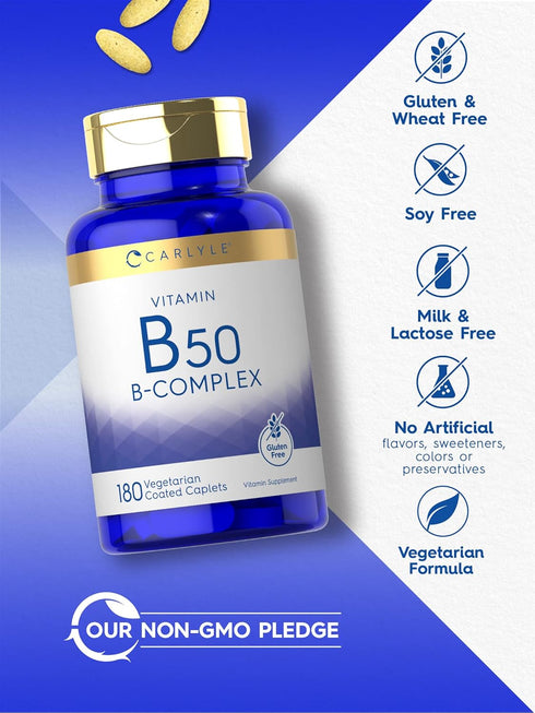 Carlyle Vitamin B50 Complex, 180 Caplets, Vegetarian, Non-GMO, Gluten Free