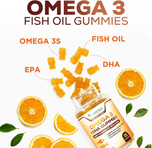 Omega 3 Fish Oil Gummies - 120 Gummies, Heart Healthy Supplement with DHA & EPA for Joint & Brain Support