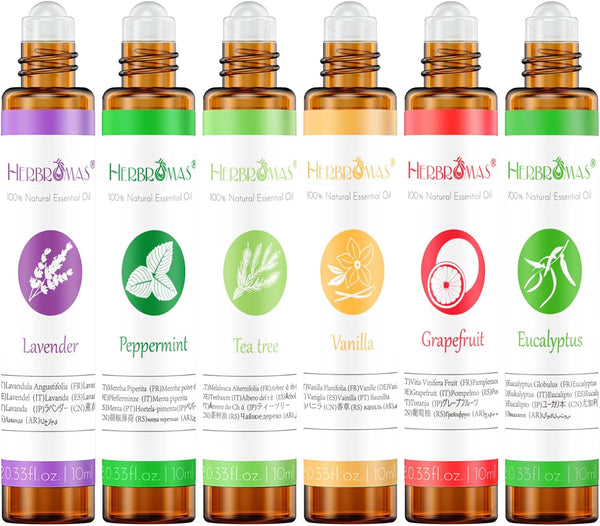 Essential Oil Roll On Set with Lavender, Peppermint, Eucalyptus & Grapefruit, Tea