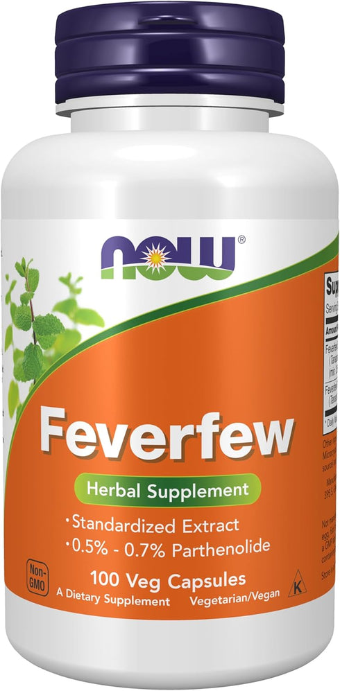 NOW Supplements Feverfew, 100 Veg Capsules, Herbal Supplement with 0.5% - 0.7% Parthenolide (Pack of 1)