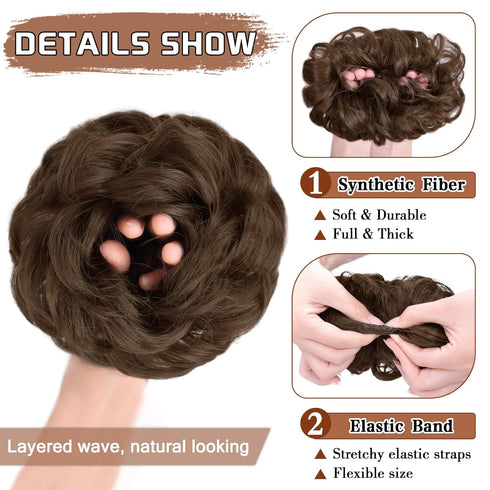 MORICA 1 PCS Curly Hair Bun Scrunchies Extension, Messy Bun Hair Piece for Women (1-8# Medium Chestnut Brown)