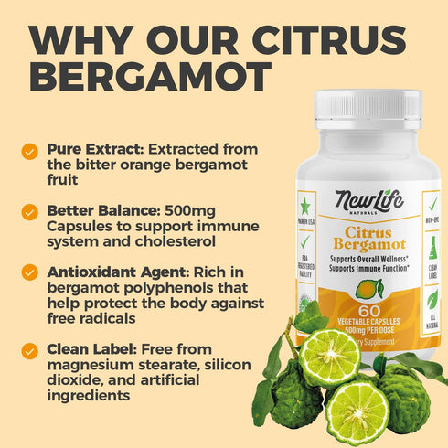 NewLife Naturals Citrus Bergamot Supplements 500 MG - Heart Health & Aging Support - Pure Extract Formula - 60 Veggie