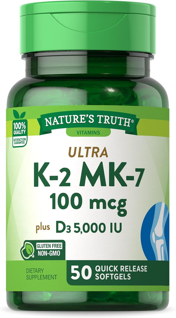 Vitamin K2 MK7 Complex, 100 mcg, 50 Softgels, with Vitamin D3, Non-GMO, Gluten Free Supplement, by Nature's Truth
