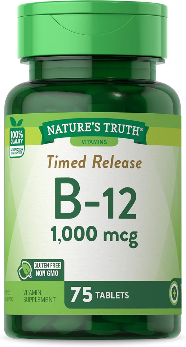B12 Vitamin Supplement, 1000 mcg, 75 Timed Release Tablets, Non-GMO & Gluten Free, Nature's Truth