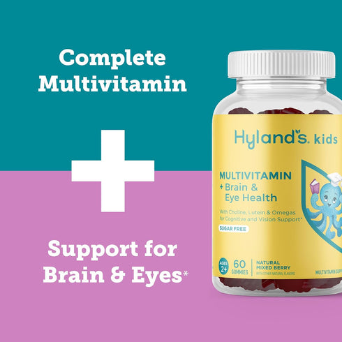 Gummies 60ct Hyland's Kids Multivitamin + Brain & Eye Health, Sugar Free Natural Mixed Berry Flavored with Choline