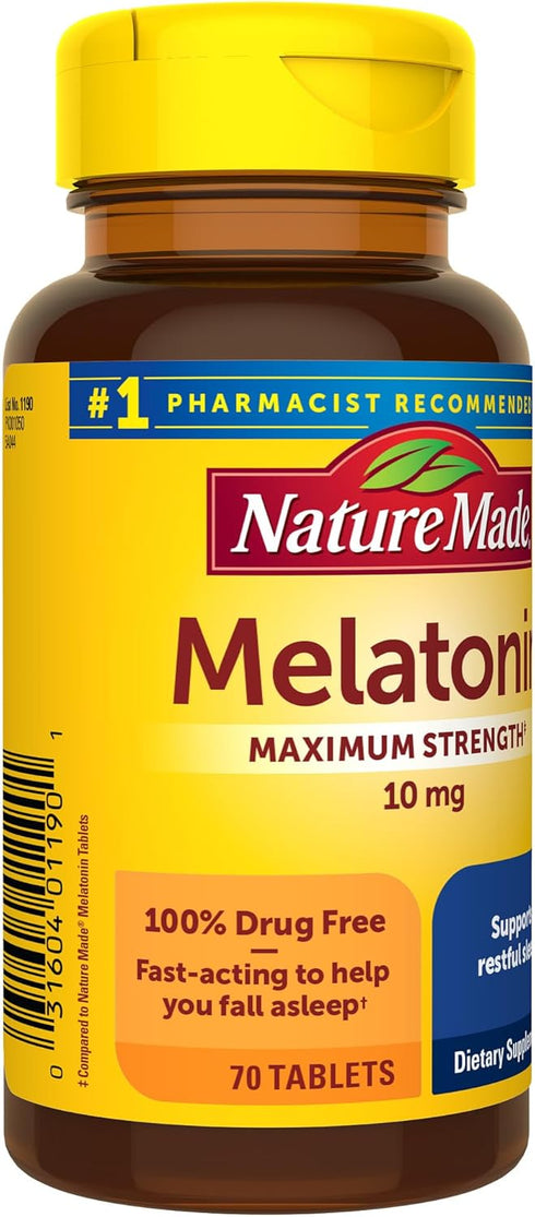 Nature Made Melatonin 10mg Maximum Strength Tablets, 70 Count - Drug Free Sleep Aid for Adults