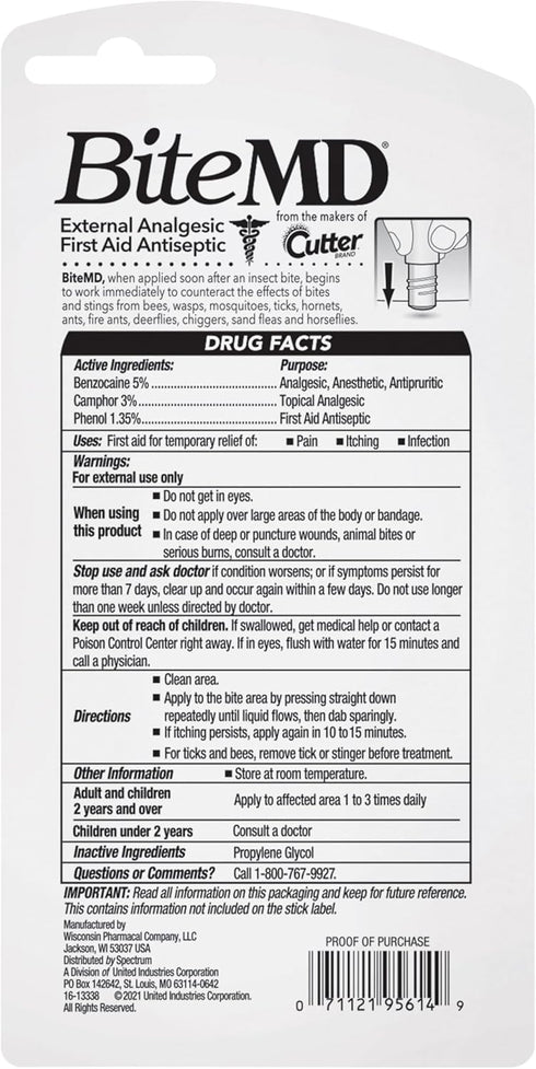 Cutter BiteMD Insect Bite Relief Stick - Analgesic and Antiseptic 0.5 Fl Oz
