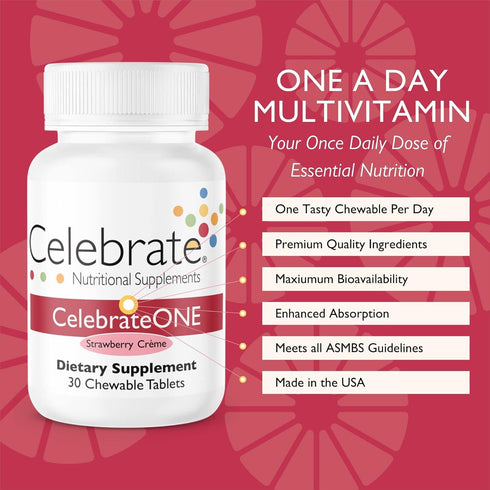 Celebrate Vitamins CelebrateONE Bariatric One A Day Multivitamin without Iron, Chewables, for Post Gastric Bypass or Sleeve Gastrectomy, Strawberry Creme, 30 count