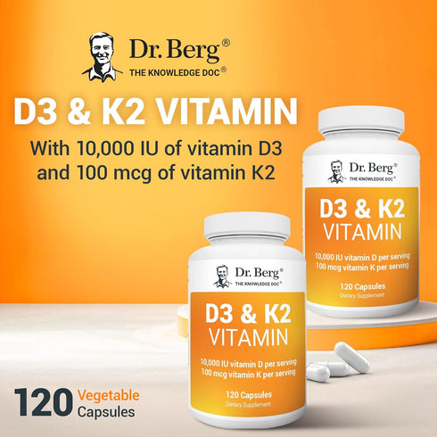 Dr. Berg Vitamin D3 K2 w/MCT Powder - 10,000 IU Vitamin D3, 100 mcg MK7 Vitamin K2 for Ultimate Absorption, 120 Capsules