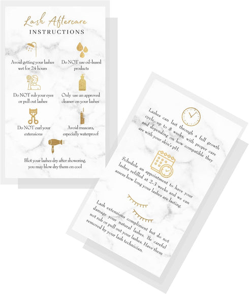 Lash Extension Aftercare Instructions Cards | 50 Pack | Double Sided 3.5 x 2" | Marble Look with Gold Icons Design