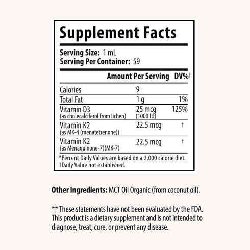 Vitamin D3 + K2 Drops - 1000 IU Plant Based D3 and 45 mcg K2 Liquid Supplement for Bone Strength