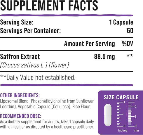 Liposomal Saffron Supplements 100% Pure Saffron Extract 88.5 mg, 60 Veggie Capsules, Better Bioavailability