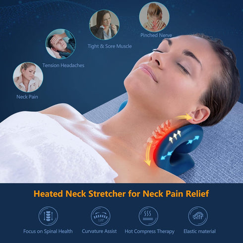 Neck Stretcher Heated Cervical Traction Device Pillow with Graphene Heating Pad for Neck Pain Relief (Dark Blue)