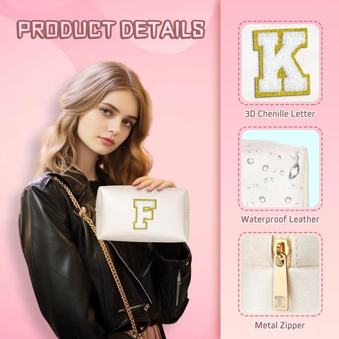 Initial Makeup Bag (White A) - Personalized Zippered PU Leather Waterproof Cosmetic Pouch for Women