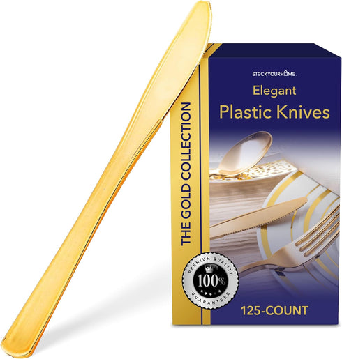 Stock Your Home 125 Disposable Heavy Duty Plastic Knives, Fancy Gold Plastic Silverware