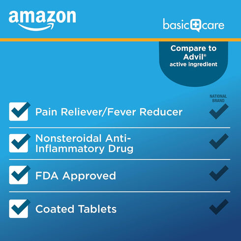 Ibuprofen Tablets 200 mg by Amazon Basic Care – Pain Reliever & Fever Reducer for Headache, 100 Count (Pack of 1)