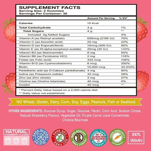 Biotin 10000mcg Hair Growth Gummies - Vegan Supplement for Healthy Hair, Skin, Nails