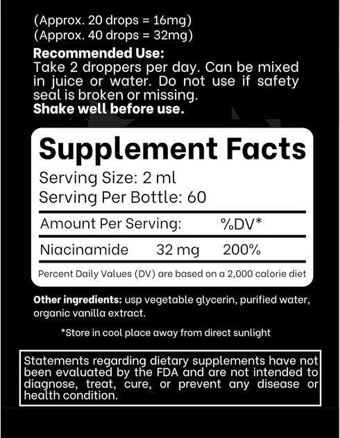 Liquid Vitamin B3 (as Niacinamide) Supplement - Non Flush Niacin Drops for Women and Men - 4 oz (120ml)