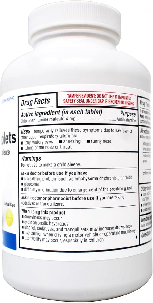 Major Allergy Tablets, Chlorpheniramine Maleate 4 mg, Antihistamine, 1000 Tablets