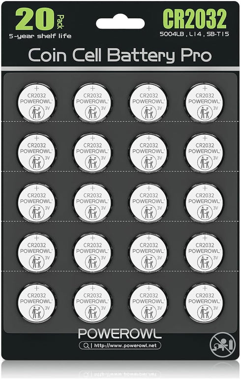 POWEROWL High Capacity CR2032 Battery (20-Pack) 3V Lithium Batteries, 10 Years Leak-Free