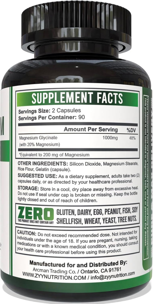 ZYY Pure Magnesium Glycinate Capsules 1000mg Maximum Strength, Chelated Magnesium Supplement for Sleep, Muscle, Brain,