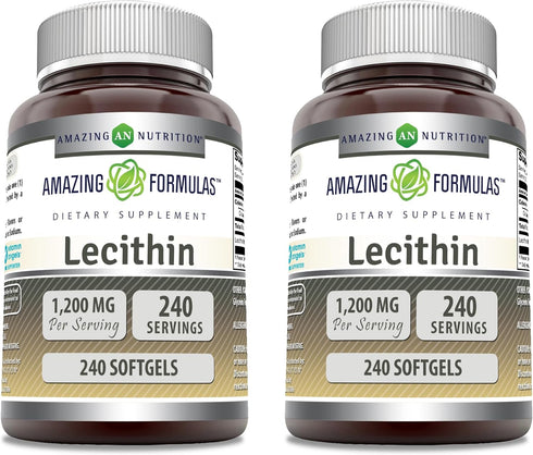 Amazing Formulas Lecithin 1200 mg Softgels - High Potency Non-GMO Gluten Free Supplement (2 Pack, 240 Count)
