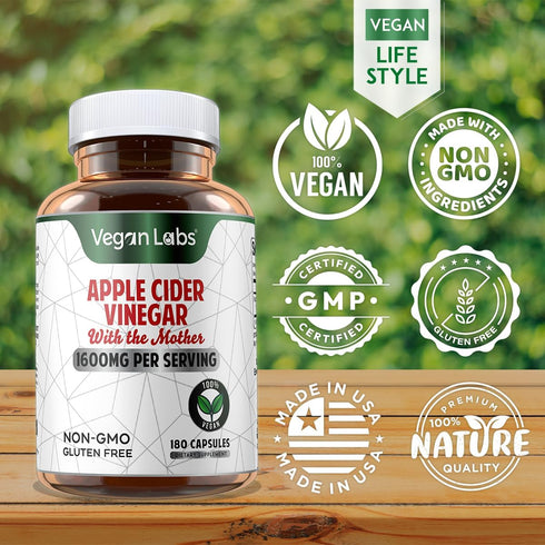 Vegan Labs 180 1600MG 100% Immune Apple Cider Vinegar Capsules with The Mother- Vegan Capsules, Per Serving- Natural