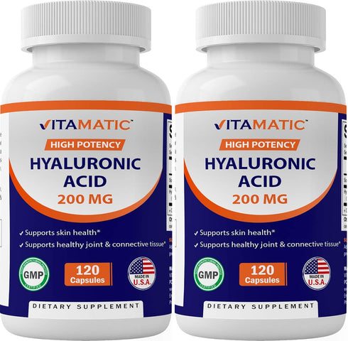 Vitamatic 2 Pack Hyaluronic Acid Supplements 200mg - 240 Capsules for Healthy Skin and Joints
