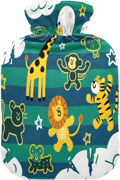 miaozhen 2L Funny Giraffe Monkey Stripe Green Blue Cute hot Water Bottle with Soft Cover hot Compress for Period Cramps