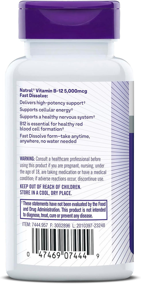 Natrol Vitamin B12 5,000 mcg Fast Dissolve Supplement for Healthy Nervous System and Energy Metabolism, 200 Tablets