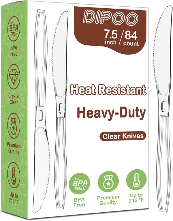7.5" Clear Plastic Heavy Duty Knives, Upgraded Heat Resistant & BPA Free, 84 Count for Party Supply
