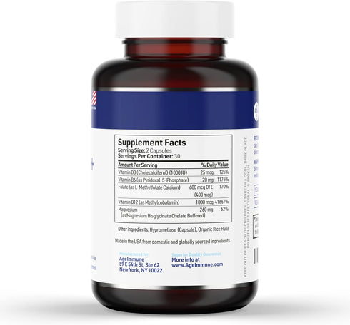 Vitamin B Complex with Vitamin D3, B12, B6, Magnesium Bisglycinate, and Folate, 60 Capsules