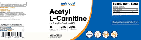 Nutricost Acetyl L-Carnitine (ALCAR) 250 Grams Powder - 1G Per Serving, 250 Servings
