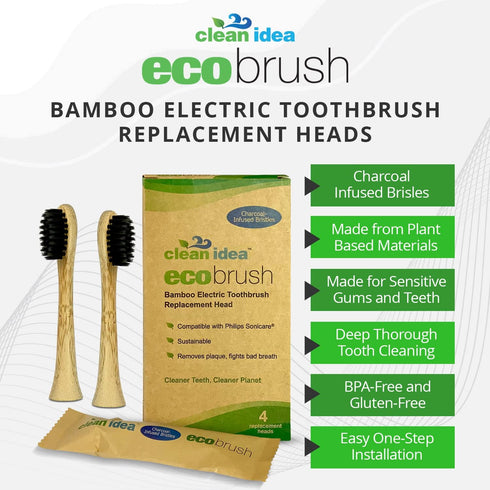 Electric Toothbrush Replacement Heads, 4pk, Charcoal Infused Bamboo, Sustainable BPA Free