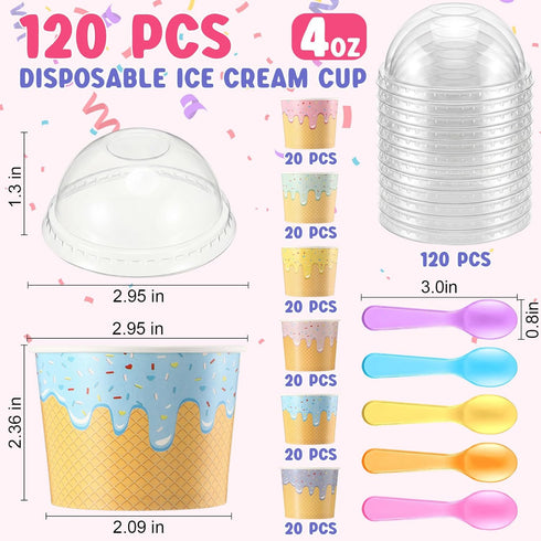 Jingmore 120 Set 4oz Ice Cream Paper Cups with Lids and Spoons, Disposable Sundae Bowls, Dessert Cups for Birthday
