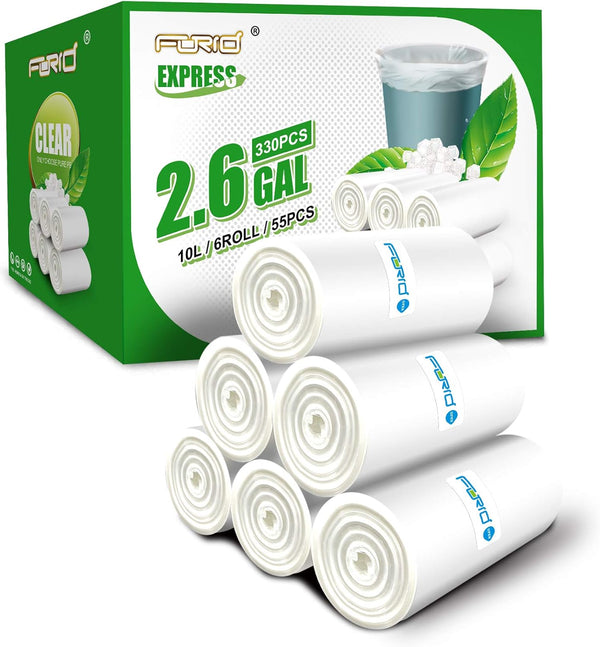FORID Small Clear Trash Bags, 2.6 Gallon Garbage Bags, 330 Count, Wastebasket Bin Liners for Bathroom Bedroom Office