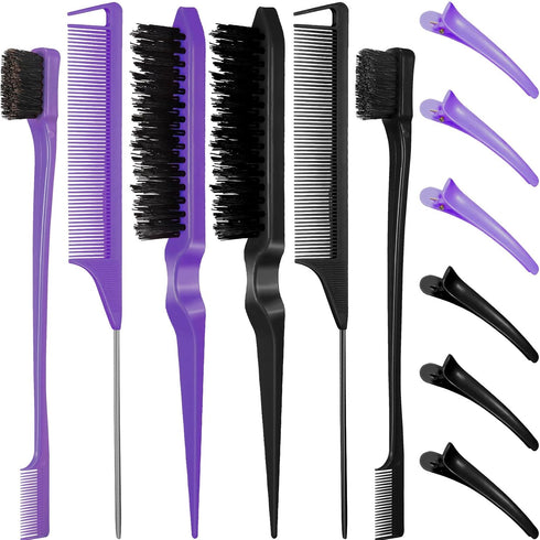 12 Pieces Hair Brush Set - Nylon Teasing Brushes, Double Sided Edge Brush, Rat Tail Combs for Women and Girls.