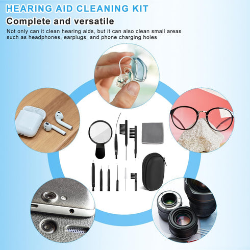 WXJ13 Hearing Aid Cleaning Kit, 13 Pieces with Nylon Brushes, Magnifier, Ventilation Rod, Screwdriver, Case for