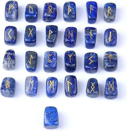TGS Gems RN001 Lapis Lazuli Rune Stones Set, Engraved Pagan Lettering with Instruction Booklet