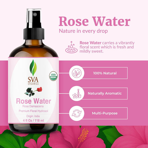 SVA ORGANICS Rose Water 4oz - Refreshing Spray for Skin Care, Hydration, Bath, Soaps, Haircare & Aromatherapy