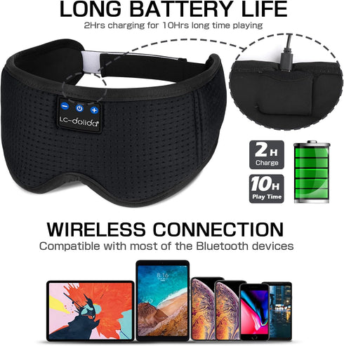 LC-dolida Sleep Headphones, Bluetooth Wireless Music Eye Mask, Ultra-Thin Stereo Speaker for Side Sleepers