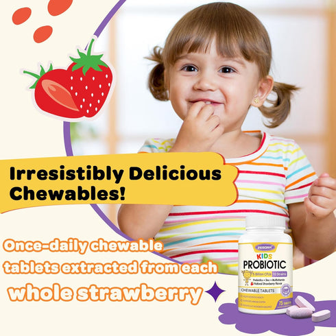 Kids Probiotic Chewables for Digestive Health with 5 Billion CFUs, Prebiotics and Probiotics for Gut Health, Immune