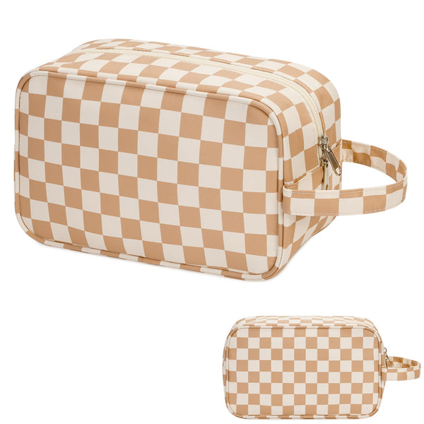Narwey Travel Toiletry Bag for Women, Dopp Kit Makeup Organizer for Toiletries and Cosmetics (Light Brown Checkerboard)