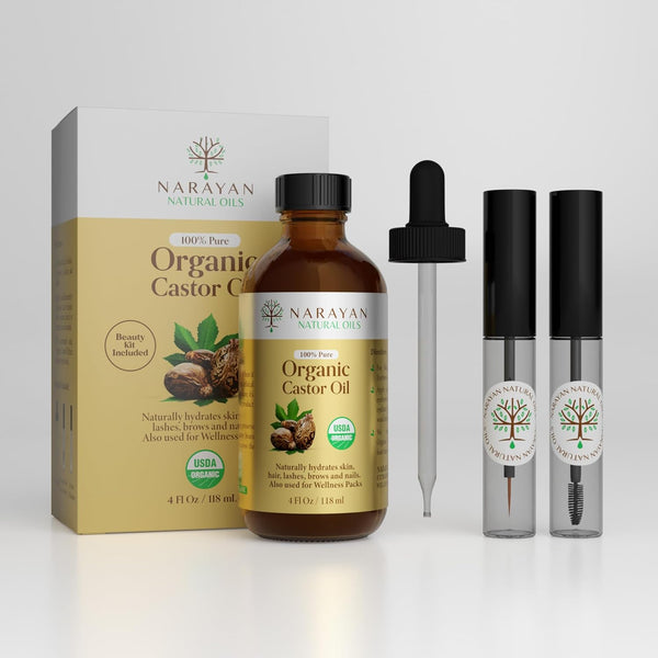 Narayan Organic Castor Oil (4 Fl Oz Glass Bottle), USDA Certified Natural Cold Pressed for Hair Growth and Skin