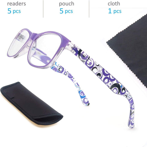 Reading Glasses Women +1.25 - Floral Print Square Readers, 5 Pack with Spring Hinge, Lightweight Comfortable Fit